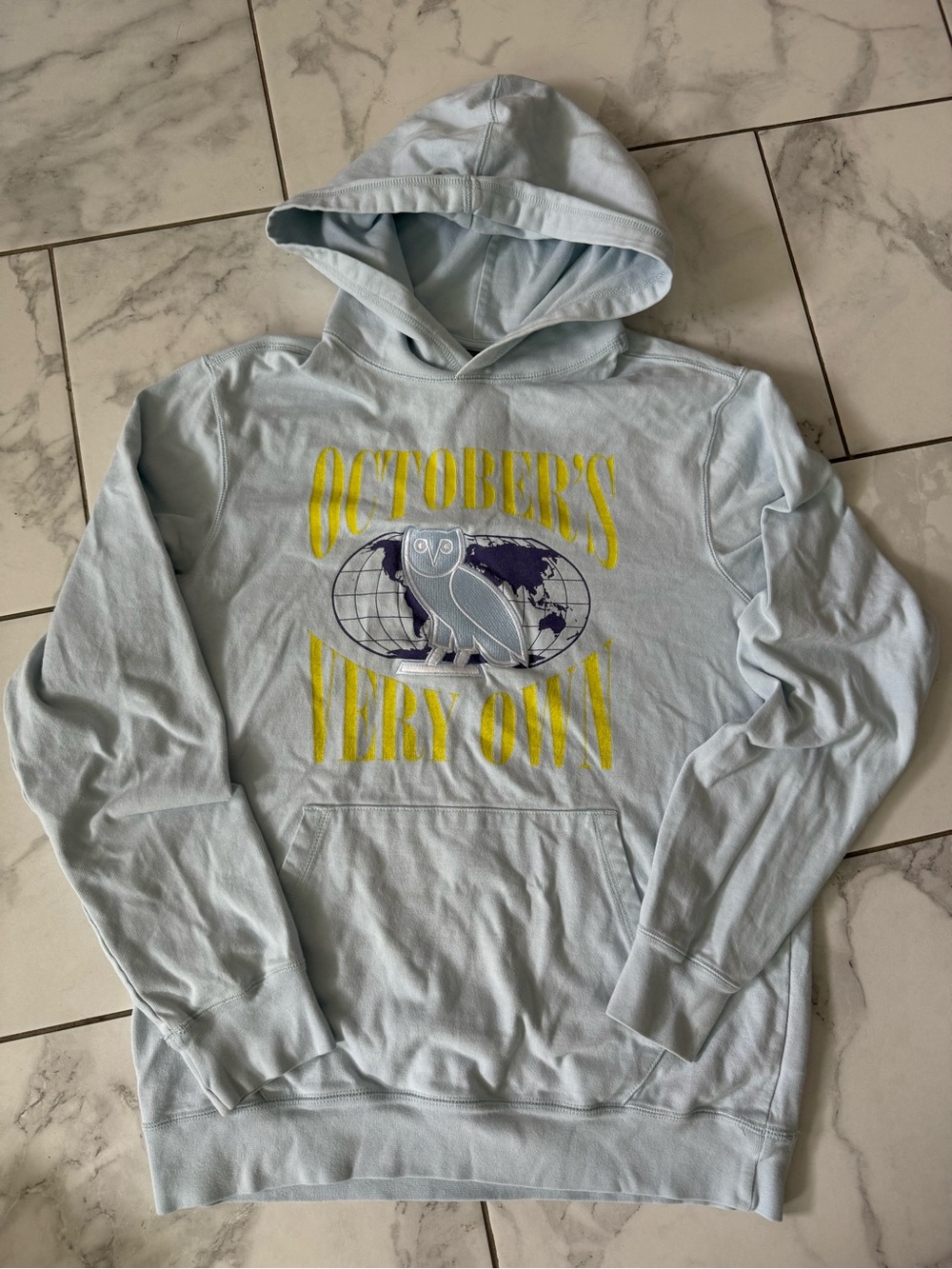 OVO Octobers Very Own Light Blue World Embroidered Logo Hoodie Sweatshirt